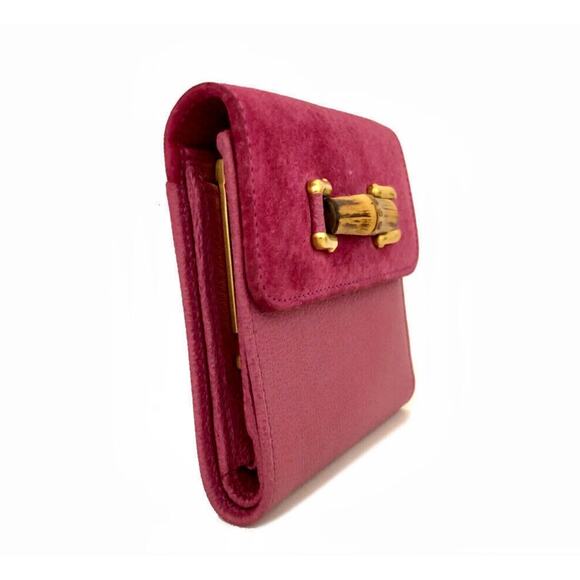 Authentic GUCCI Bamboo Two Tone Pink Kiss Lock Leather Trifold Compact Wallet - Picture 3 of 8
